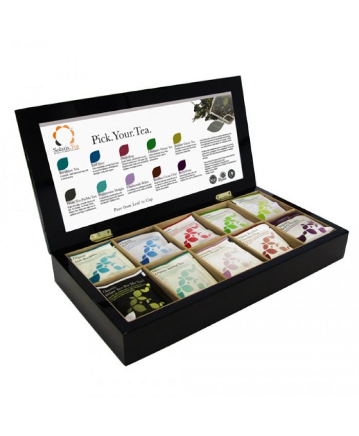 Schwarze Holz Geschenk Box mit 10 Sorten (50x) Bio genähte Seiden-Teebeuteln